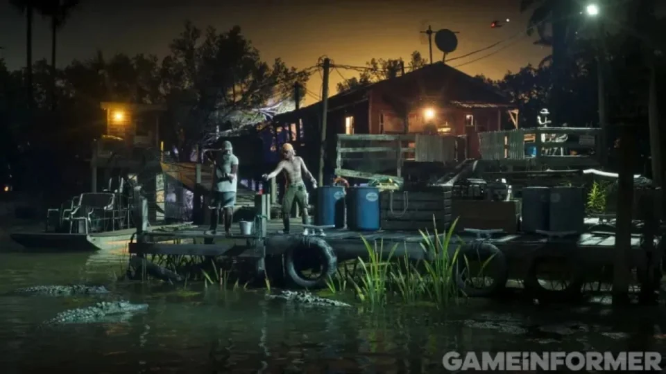 GTA 6の夜、男性二人がいる木製桟橋のそばの水中にいるアリゲーター。Game Informerのスクリーンショット
