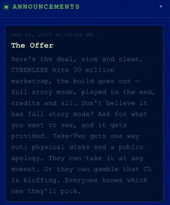 Screenshot der Cyberleek-Nachricht mit der Drohung, eine vollständige GTA-6-Version zu veröffentlichen