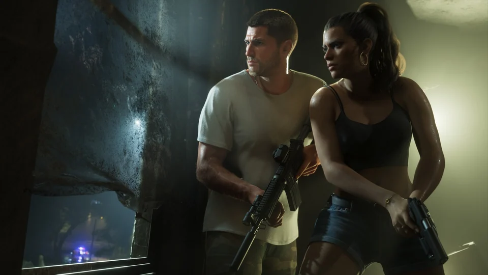 Jason und Lucia mit Waffen in derselben Szene eines offiziellen GTA-VI-Screenshots