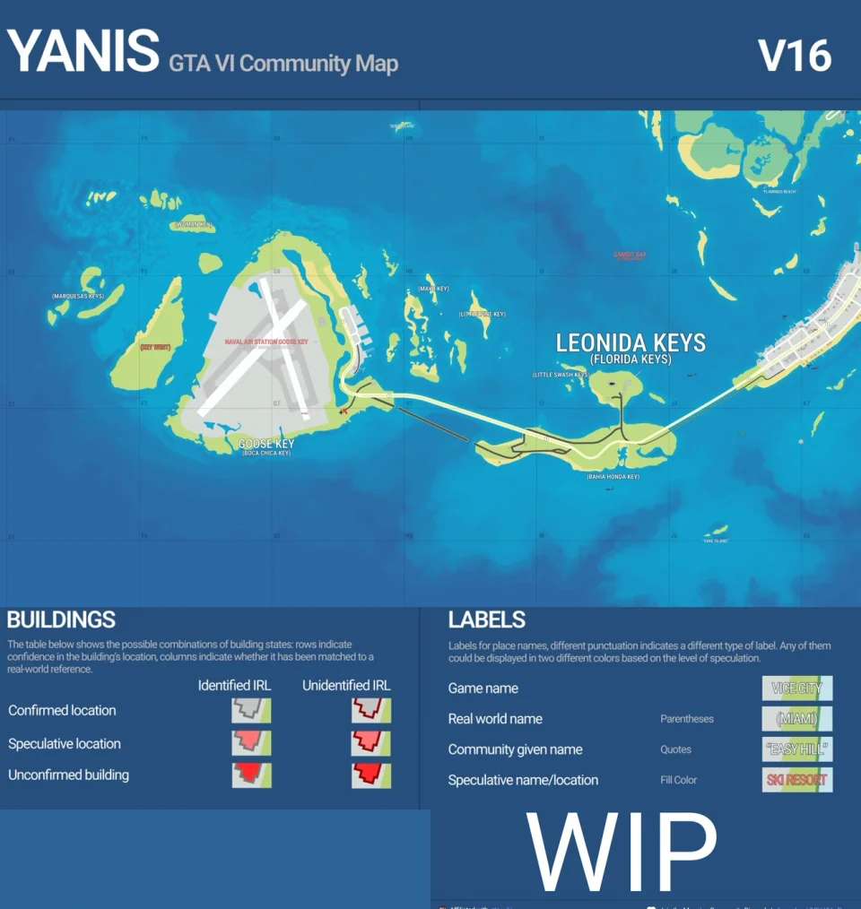状態を示す凡例とWIPの表示が付いた、ファン制作地図YANIS V16の飛行場