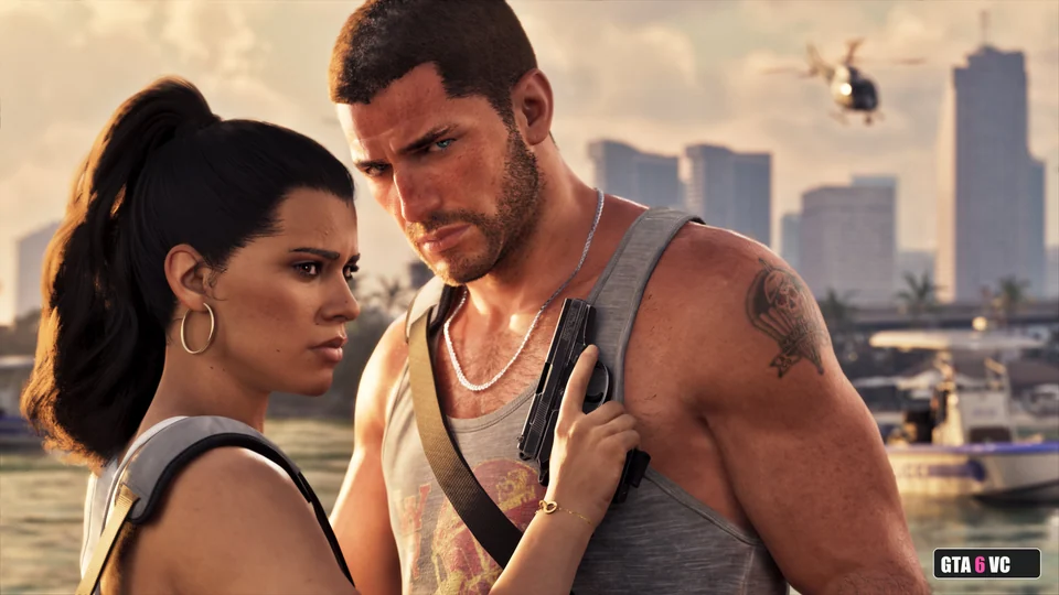 Jason and Lucia standing together against the city