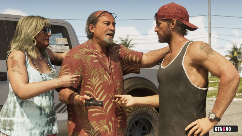 Brian Heder talking with Jason beside a pickup