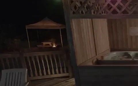 Jacuzzi bajo una cubierta de madera junto a la tarima y las tumbonas