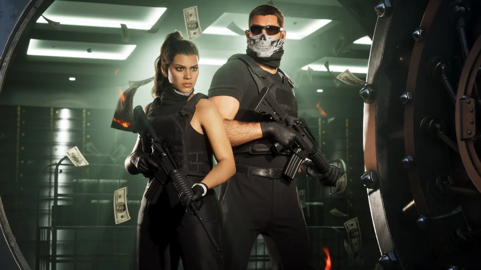 Maskierter Jason und Lucia mit heruntergelassenem Tuch halten Waffen vor einem offenen Tresor, offizielles Rockstar-Bild