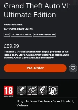UK PlayStation Store listing for GTA VI with PEGI 18 and content warnings