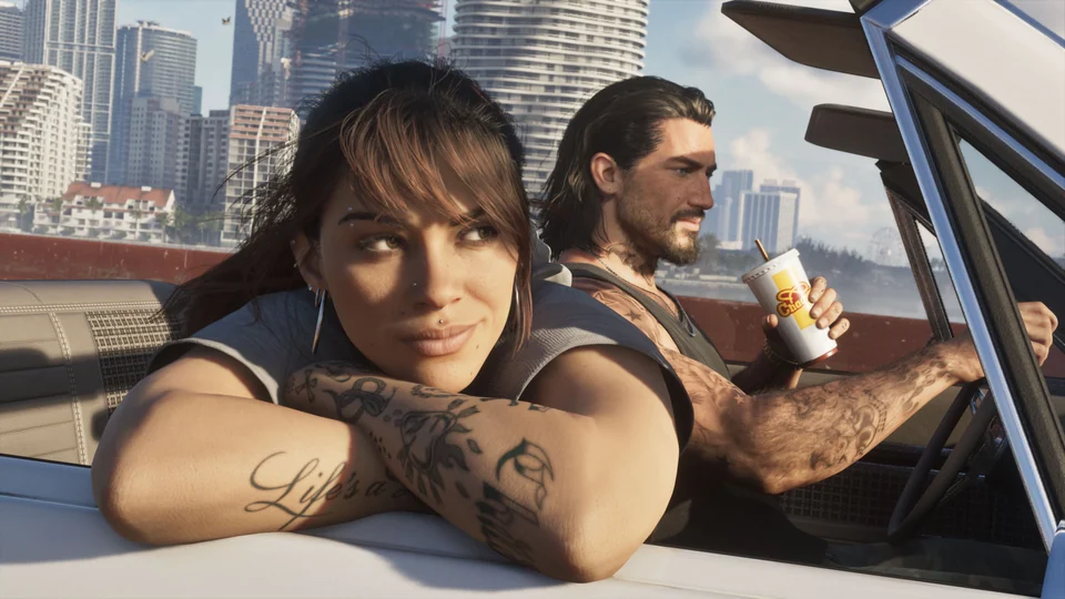 Lucia und Jason fahren gemeinsam durch die Stadt, offizieller Rockstar-Games-Screenshot