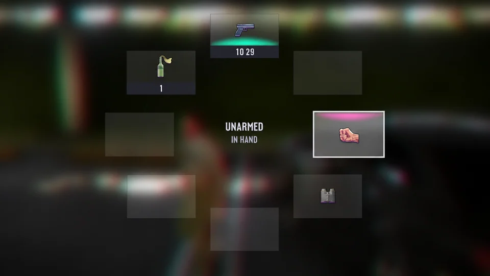 GTA VIの武器選択ホイール。ピストル、火炎瓶、拳、双眼鏡が表示されている