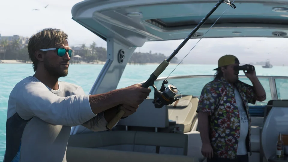 Jason con una caña de pescar en una embarcación en una captura oficial de GTA VI