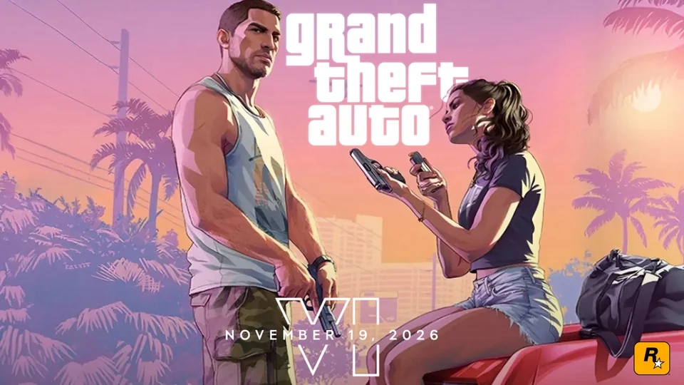 Illustration von Jason und Lucia neben einem roten Auto, als mögliches GTA-6-Trailerbild vorgeschlagen