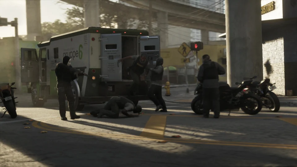 Armored cash truck with large gruppe 6 lettering in a robbery sequence