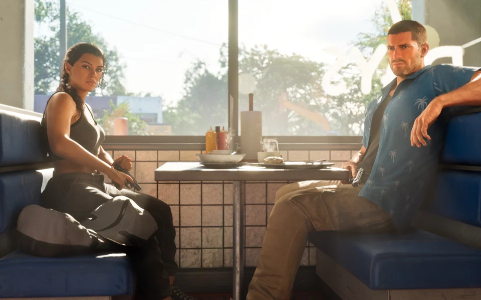Jason y Lucia sentados frente a frente en un restaurante, imagen de Rockstar Games para LOVE