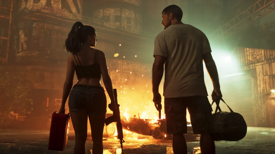 Jason und Lucia verlassen gemeinsam einen Tatort, offizieller Rockstar-Games-Screenshot