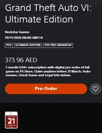 GTA VI listing in the UAE PlayStation Store with a price in dirhams and an age rating of 21