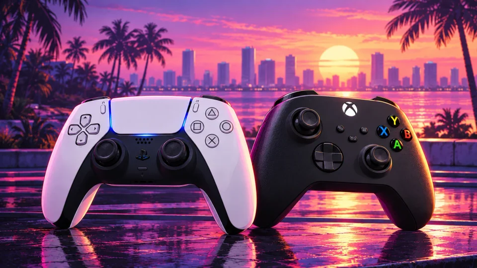 Ilustración editorial de un mando DualSense blanco y un mando Xbox negro ante una puesta de sol