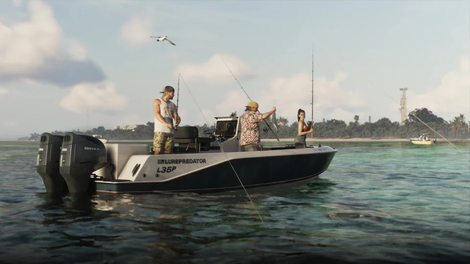 Jason and Lucia with fishing rods, and Cal holding a caught fish on the Lürepredator L35P
