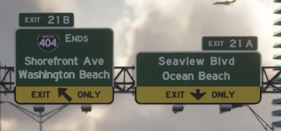 Señales hacia Washington Beach y Ocean Beach en GTA 6