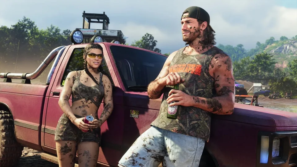 Jason y Lucia junto a una camioneta en una captura de GTA 6