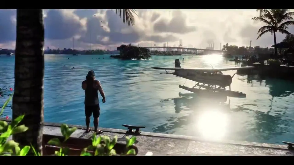 Una persona junto al agua y un hidroavión en la versión editada del tráiler de lanzamiento de GTA 6