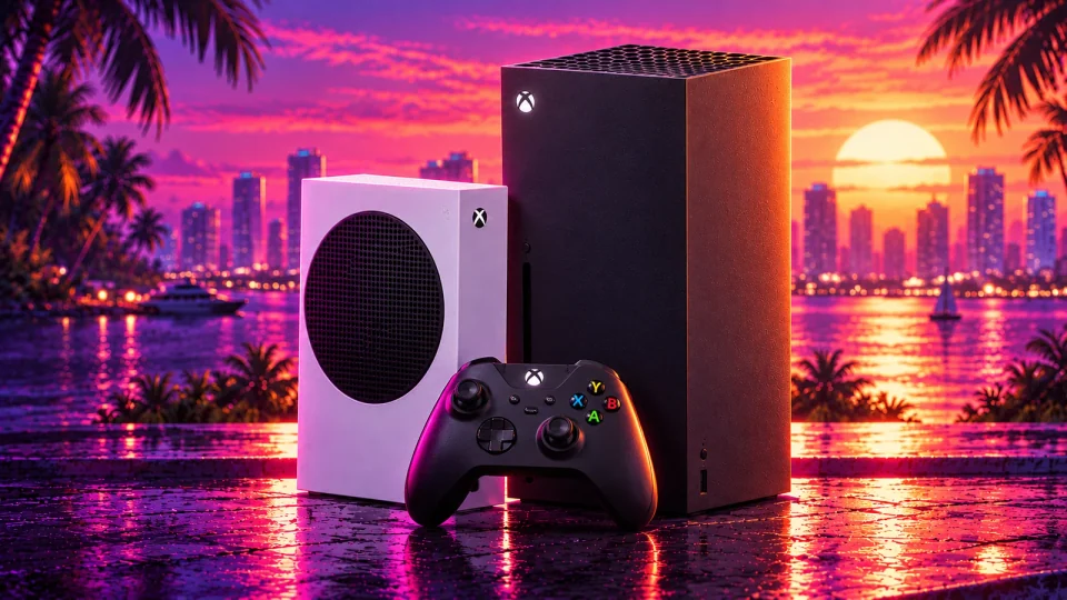 Editorial illustration of a white Xbox Series S and a black Xbox Series X with a controller against a sunset