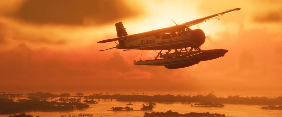 Imagen de GTA VI con un hidroavión sobre Grassrivers al atardecer
