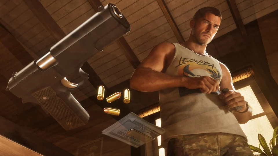 Close-up of a pistol and Jason holding a magazine in an official GTA VI screenshot