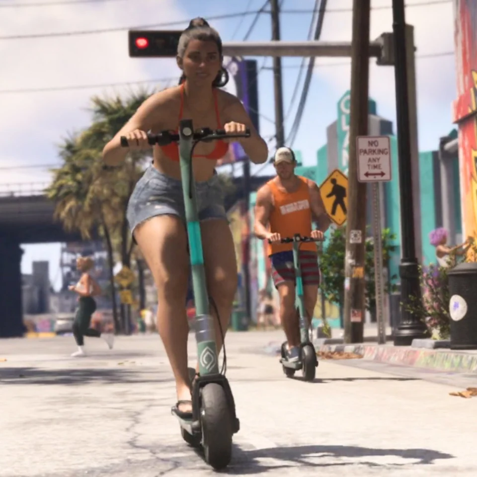 Illustration von GTA 6 Intel mit zwei Personen auf grünen elektrischen Leihrollern