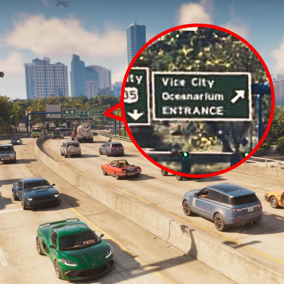 GTA 6 city highway with an enlarged detail of the Vice City Oceanarium sign