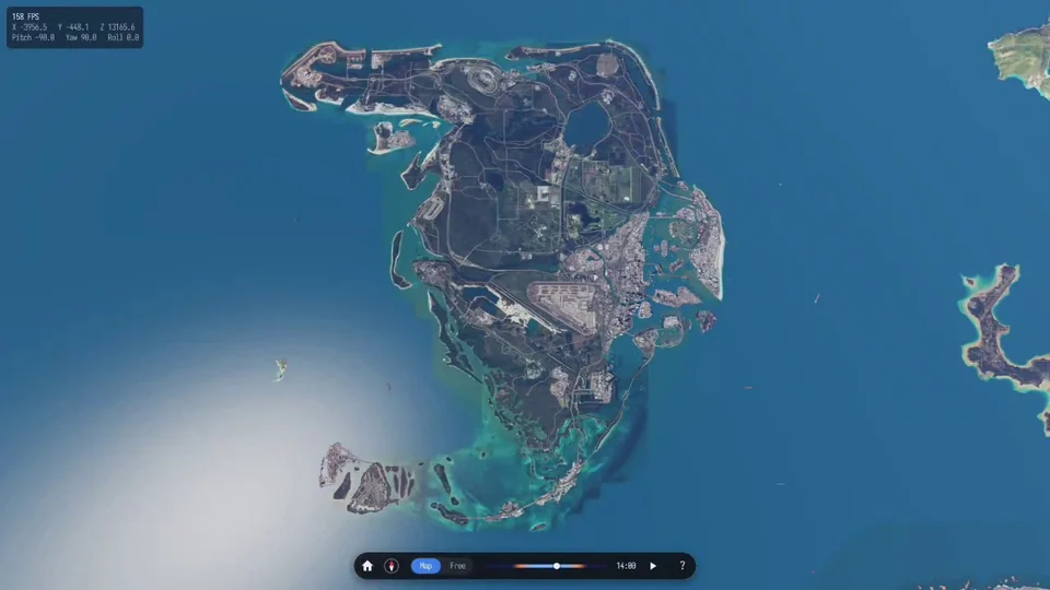 Vista aérea de una isla y su costa en el vídeo del supuesto mapa temprano de GTA 6