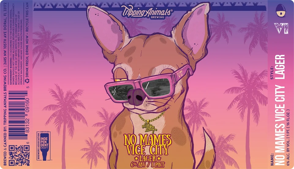 夕日を背景にサングラスをかけた犬が描かれたNo Mames Vice Cityのラベル