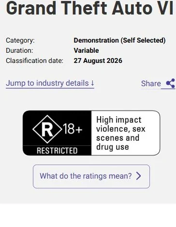 Australian GTA VI record showing Demonstration Self Selected, August 27, 2026, and R18+