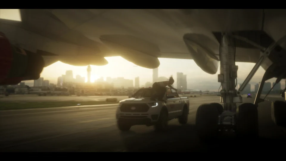 Modern lifted pickup beside an aircraft in the October GTA VI trailer