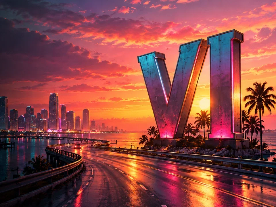 Redaktionelle Illustration von GTA6VC zur Zukunft der GTA-Reihe: ein VI-Zeichen über einer Straße zum Horizont
