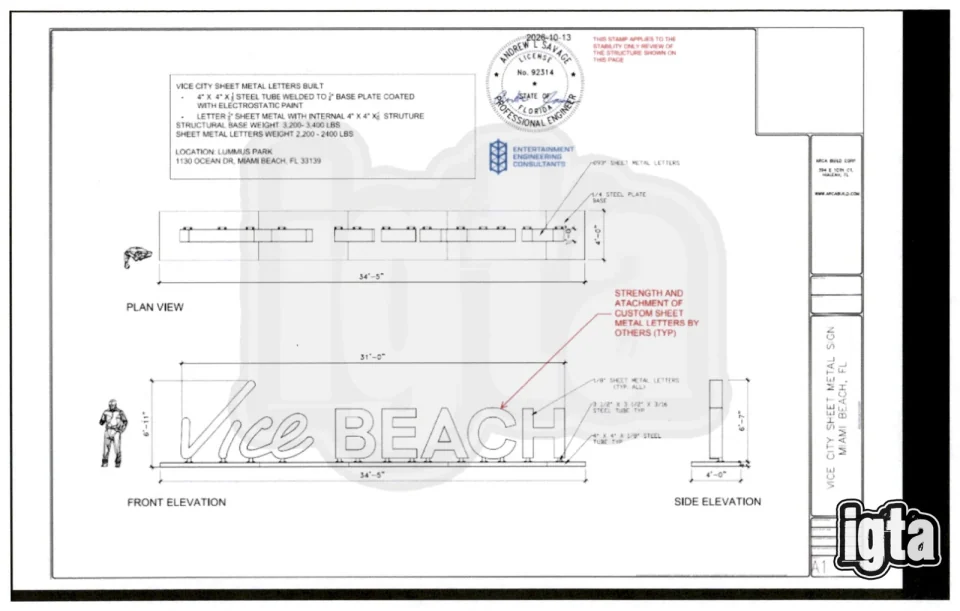 Plano de un letrero Vice Beach proyectado en el acuerdo publicitario de Rockstar con Miami Beach