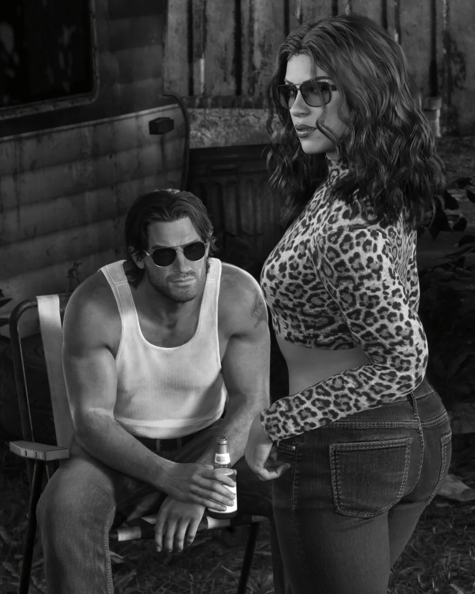 Jason y Lucia junto a una caravana en una imagen en blanco y negro de Rockstar Games para LOVE
