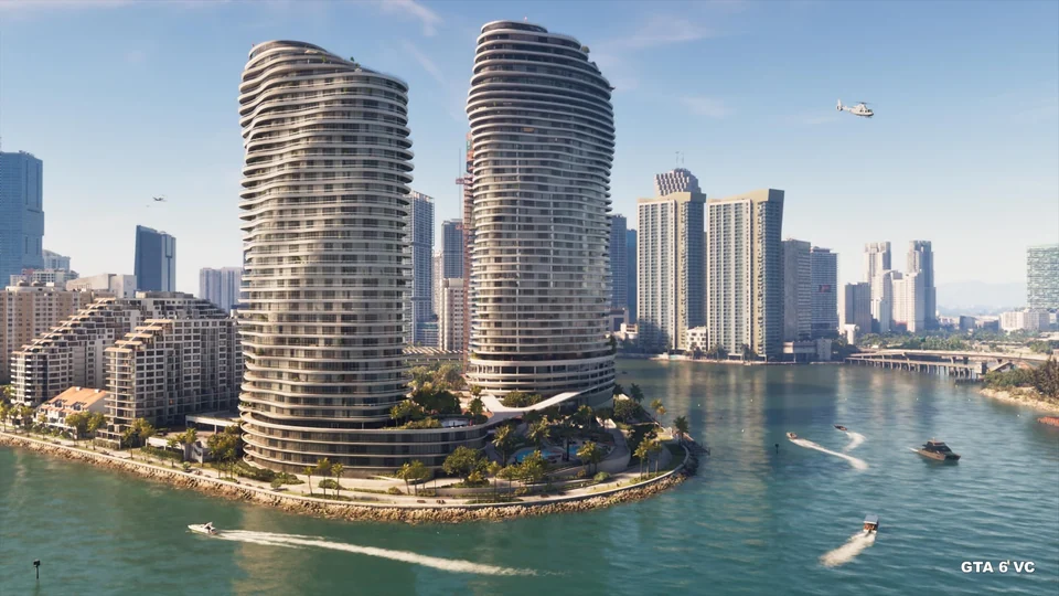 Densa zona de rascacielos junto al agua en Vice City, en una captura oficial de Rockstar