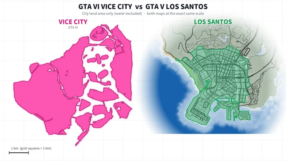 Umrisse von Vice City und Los Santos in Haykguys Animation, Vergleich der Stadtflächen ohne Wasser