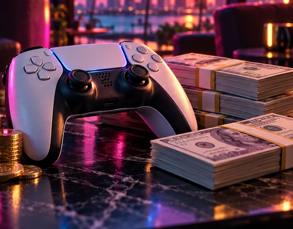 Redaktionelle Illustration zu GTA-6-Verkäufen mit Controller, Geldscheinen und Münzen