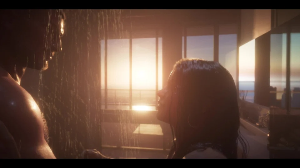 Jason und Lucia gemeinsam unter der Dusche bei Sonnenuntergang im GTA-6-Launch-Trailer
