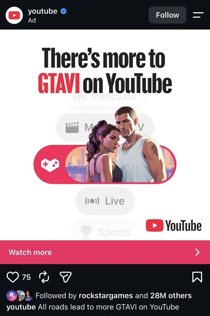 YouTube-Werbung mit GTA-VI-Figuren Jason und Lucia und dem Satz There's more to GTA VI on YouTube