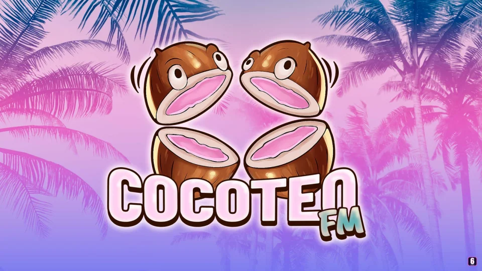 Rosa Kokoshälften und das Cocoteo-FM-Logo vor Palmen auf offiziellem Sender-Artwork