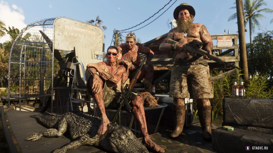 Un grupo armado junto a una aerolancha y un caimán tendido en Grassrivers