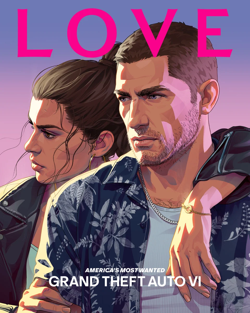 LOVE magazine cover featuring Lucia and Jason, with artwork created by Rockstar Games for LOVE