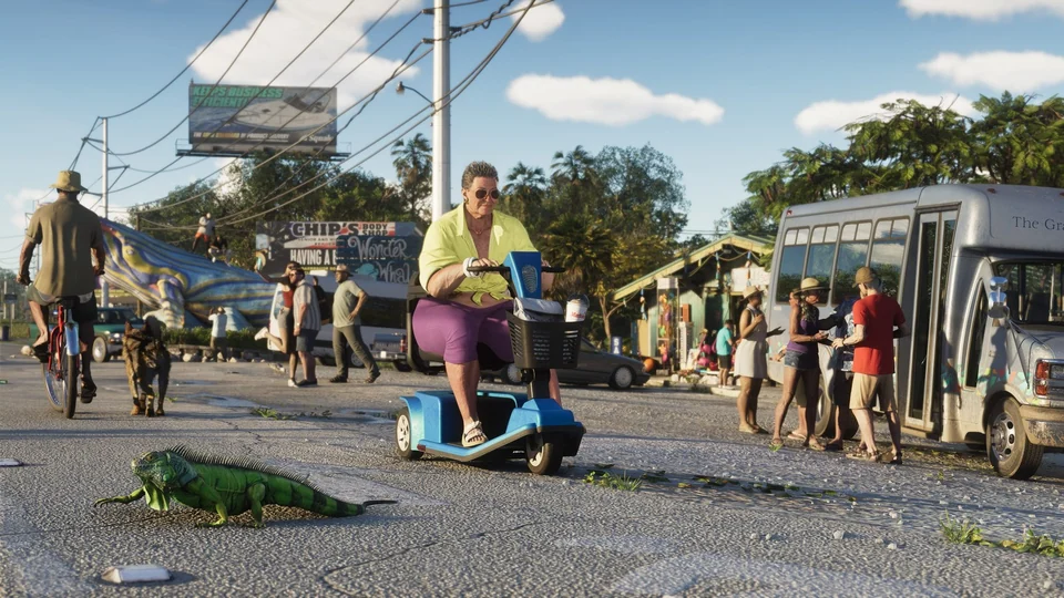 Iguana and dog beside a cyclist on a Leonida Keys street in GTA 6