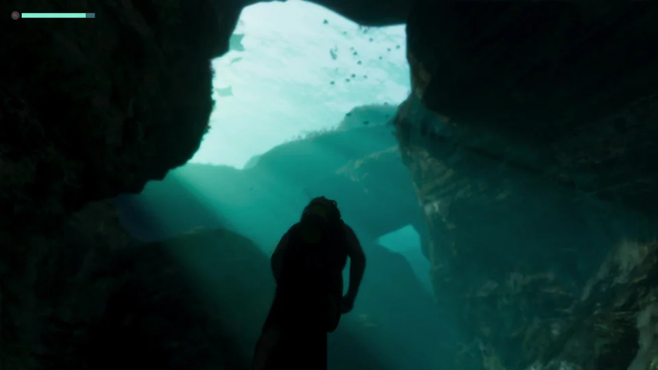 Un personaje bucea bajo el agua con un medidor de oxígeno en pantalla