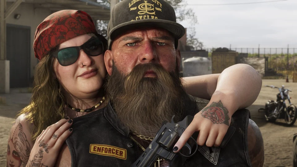 A woman holds a revolver in an official GTA VI screenshot of bikers in Ambrosia