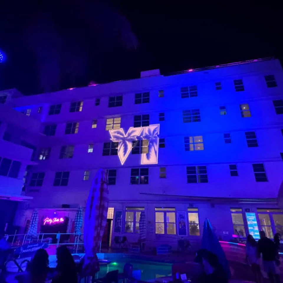 GTA VI imagery projected above the entrance to the Clevelander South Beach