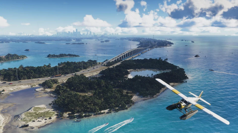 Inseln und Brücke der Leonida Keys mit Wasserflugzeug, offizielles Rockstar-Bild