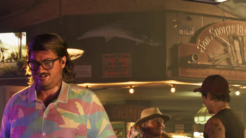 Decorative fish mounted above Cal on a poolroom wall in an official GTA 6 screenshot