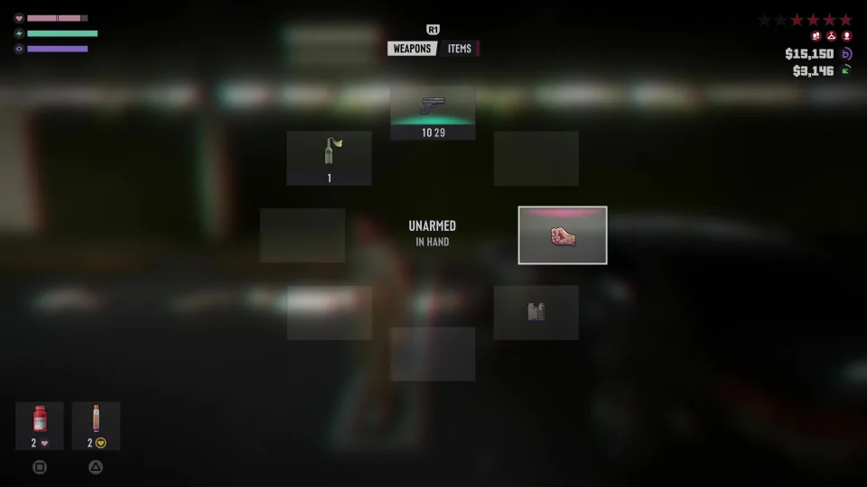 Rueda de selección de armas de GTA 6 con pistola, puño, botella y prismáticos