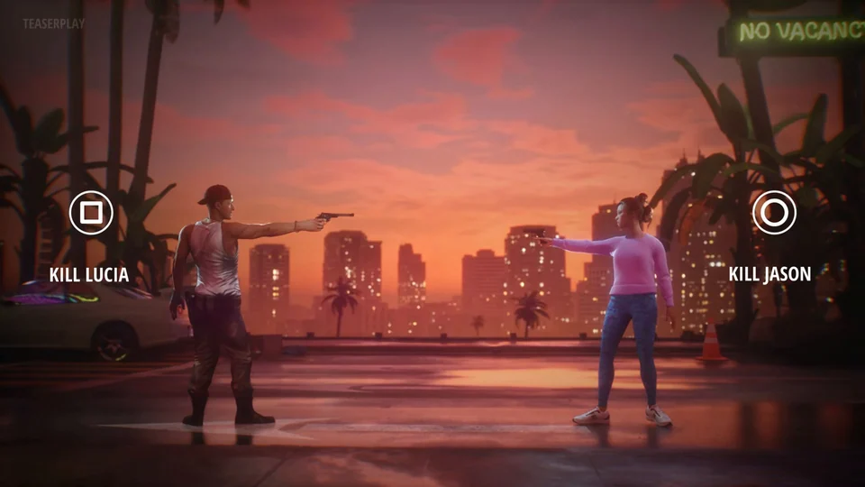 Concepto de TeaserPlay: Jason y Lucia se apuntan mutuamente, con las opciones Kill Lucia y Kill Jason a los lados